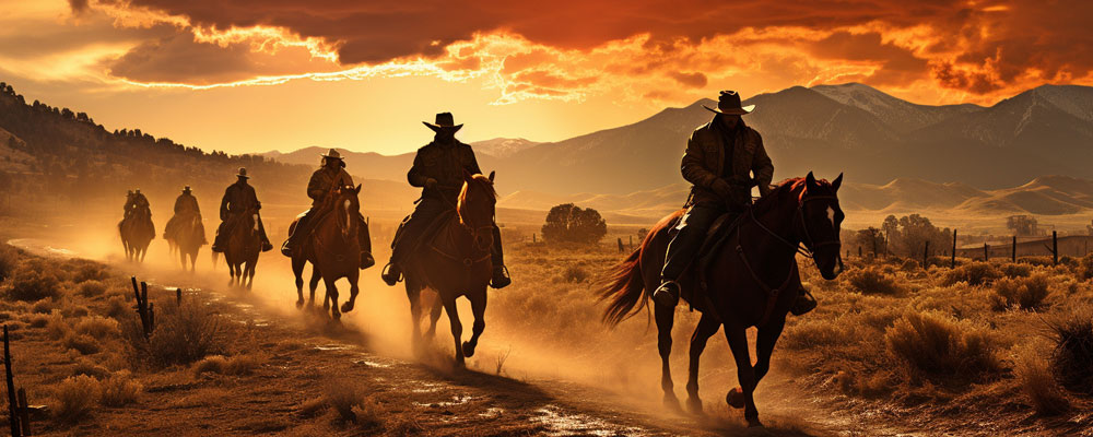 Cowboys riding horses in the open range