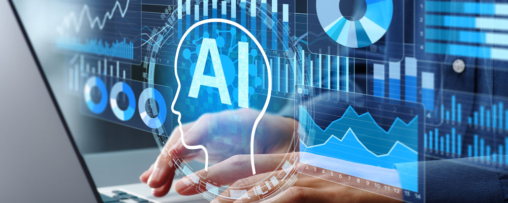 Photo montage of AI marketing featuring charts and graphs