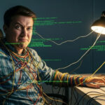 Man sitting in front of computer tangled in wires