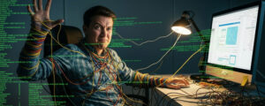 Man sitting in front of computer tangled in wires