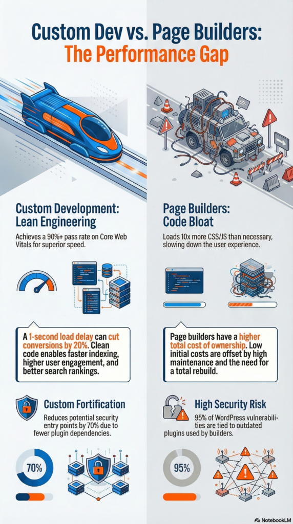 Infographic by Visionary comparing Custom WordPress development vs Page Builders, highlighting code efficiency, security improvements, and long-term SEO ROI.