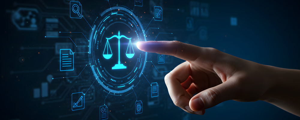 computer generated photo of a man's finger pointing at the scales of justice