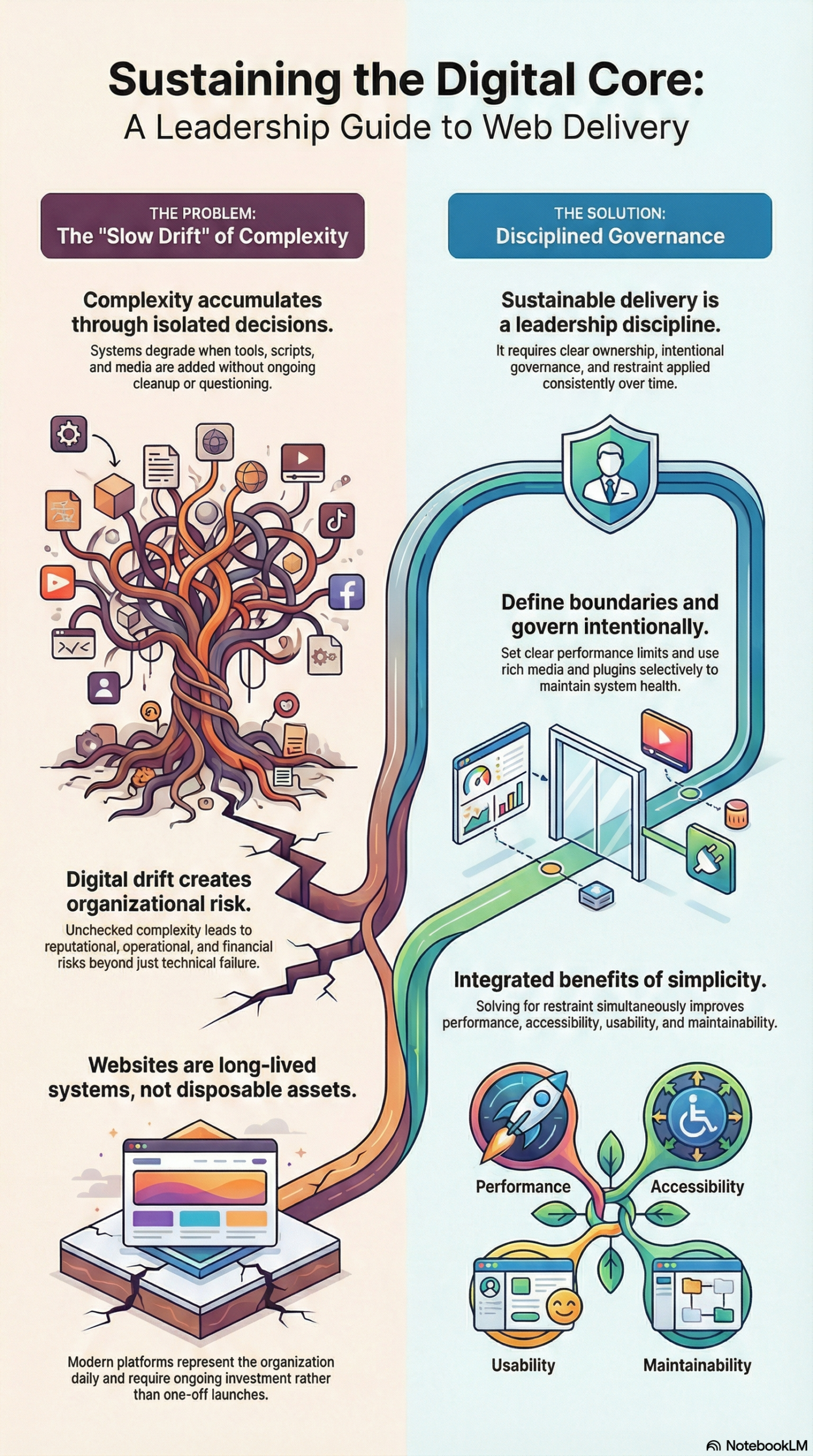 Infographic depicting the slow drift of complexity vs. disciplined governance.