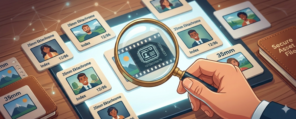 35 mm slides on a Lightbox with a man holding a magnifying glass