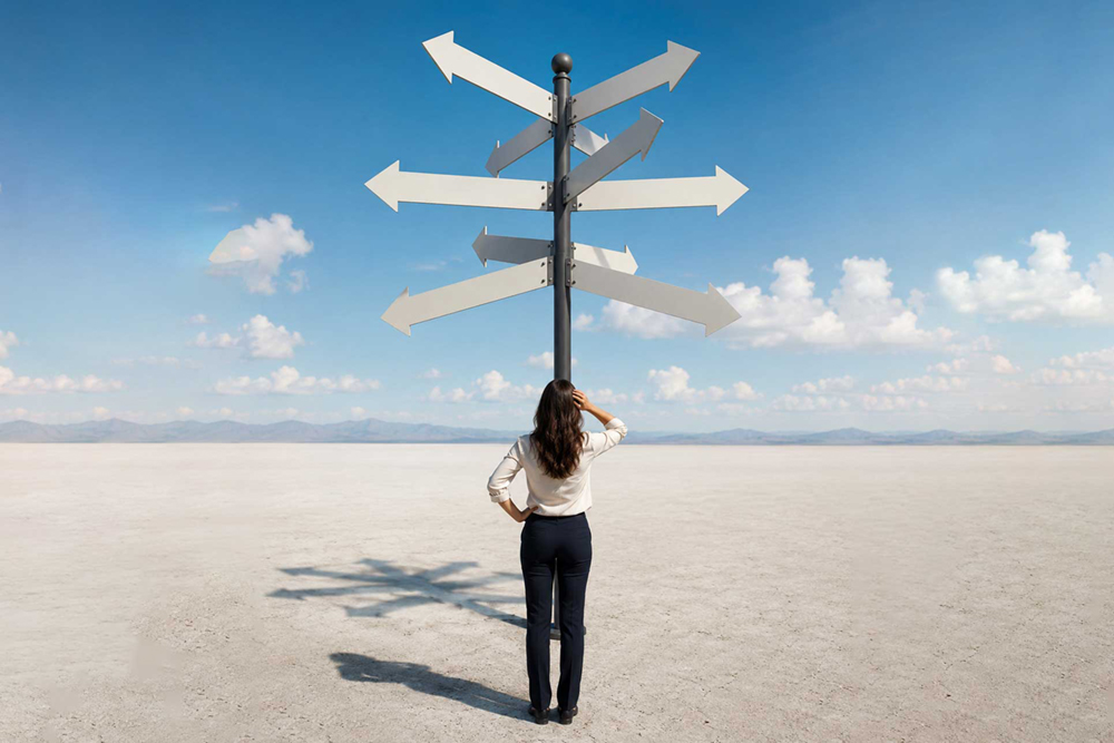 Woman considering multiple directions beneath a signpost on an open landscape