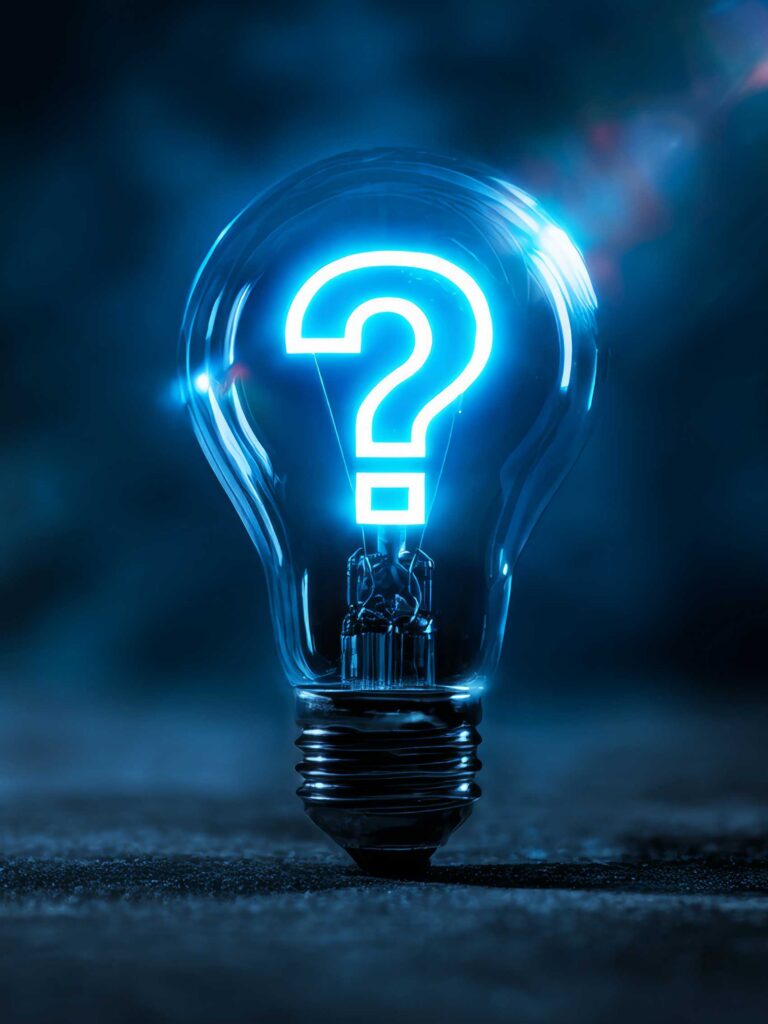 Glowing blue light bulb with a question mark symbol representing questions, uncertainty and discovery.