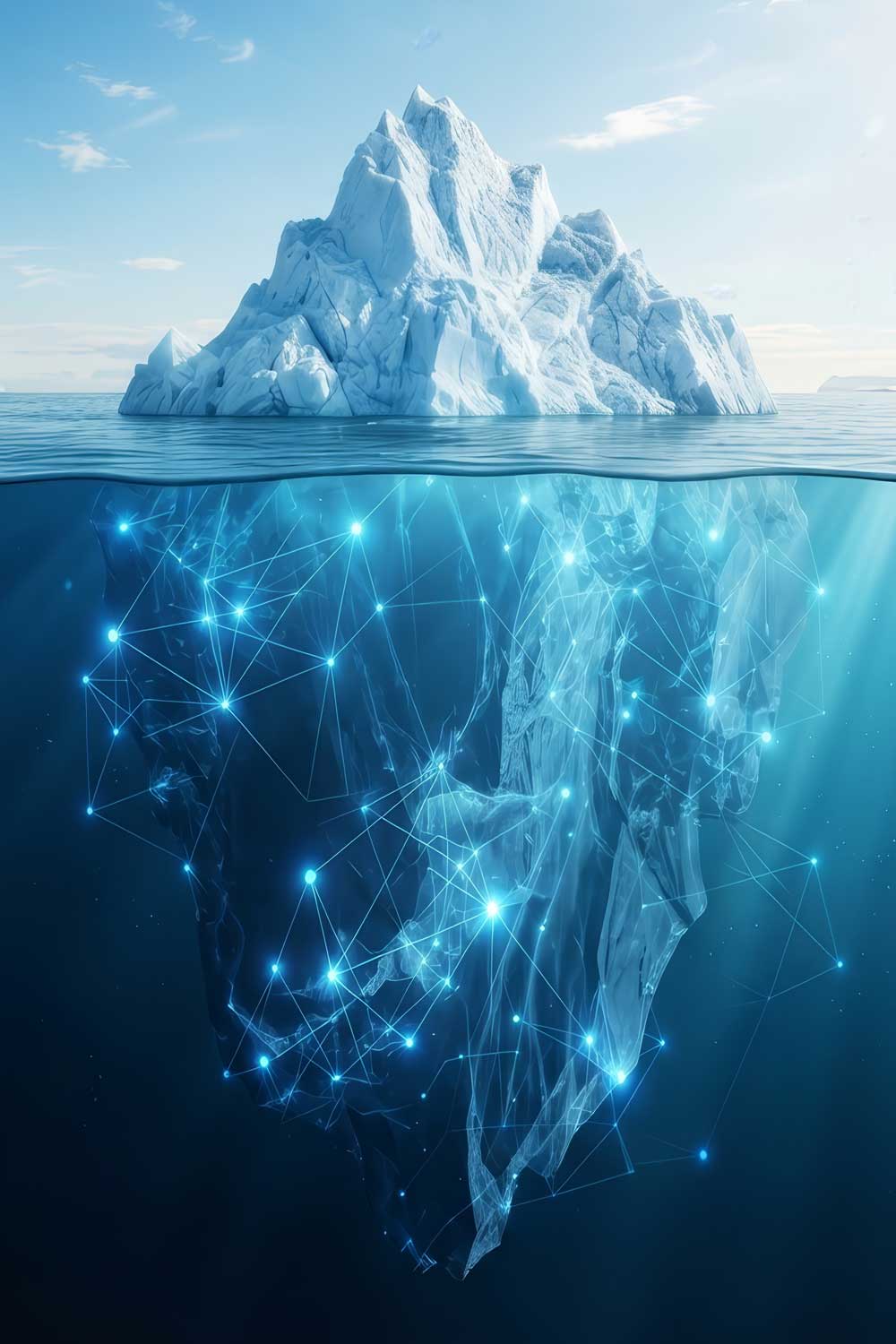 Iceberg with a glowing digital network beneath the surface, representing hidden technical infrastructure.