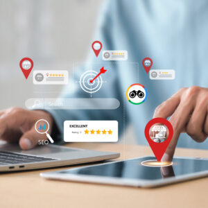 Digital marketing concept showing local business listings, reviews, search and location information across multiple online platforms.