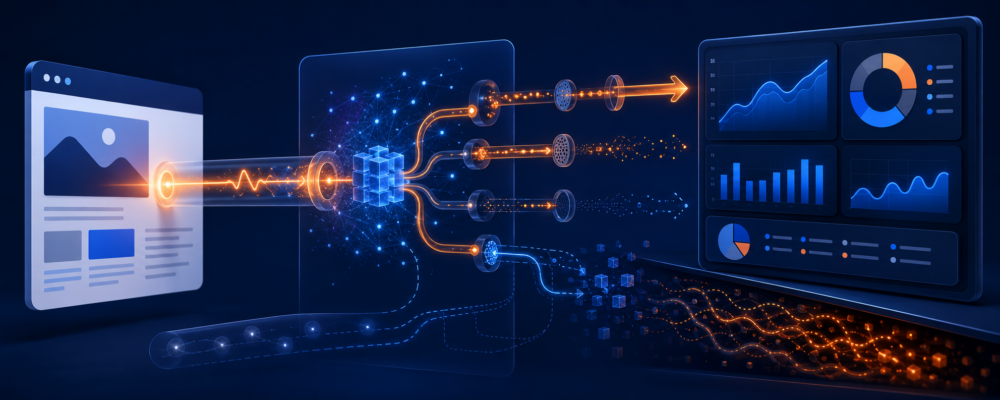 Data visualization and processing concept to convey single source tracking for SEO.
